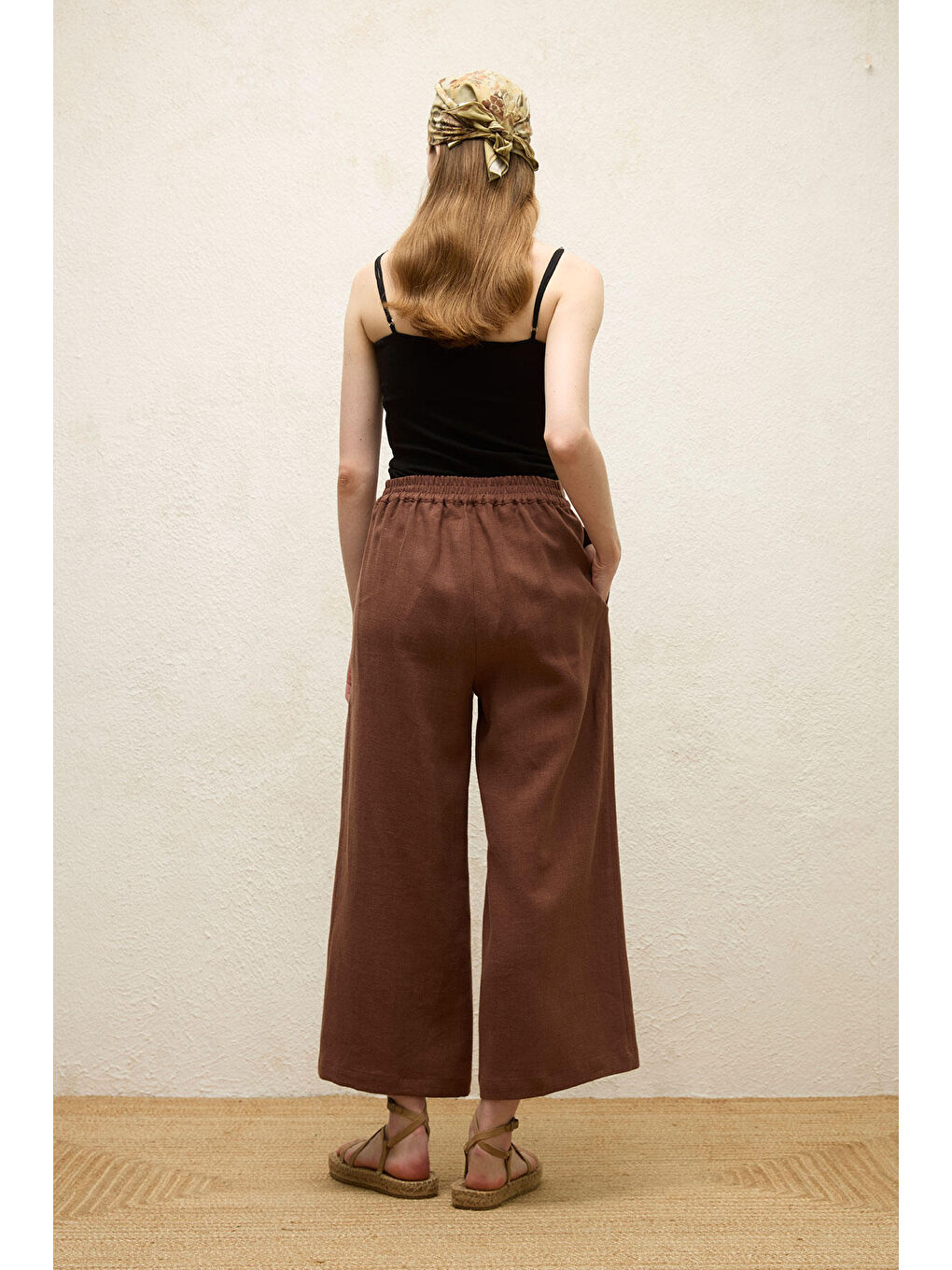 Kahverengi Ütü İzli Keten Pantolon Ağaç Kabuğu-7