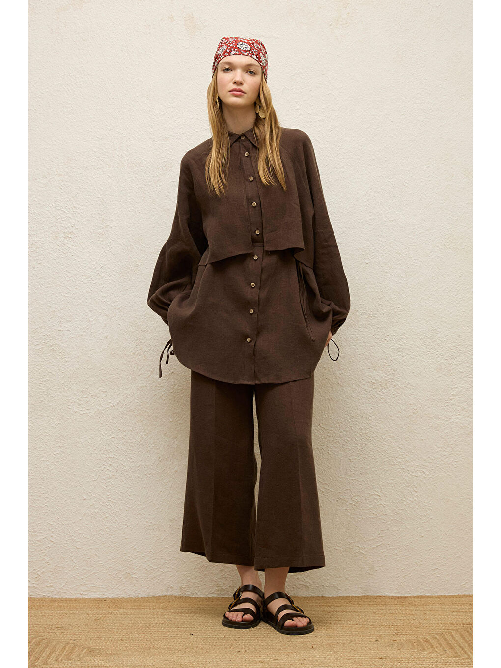 Kahverengi Ütü İzli Keten Pantolon Acı Kahve-1