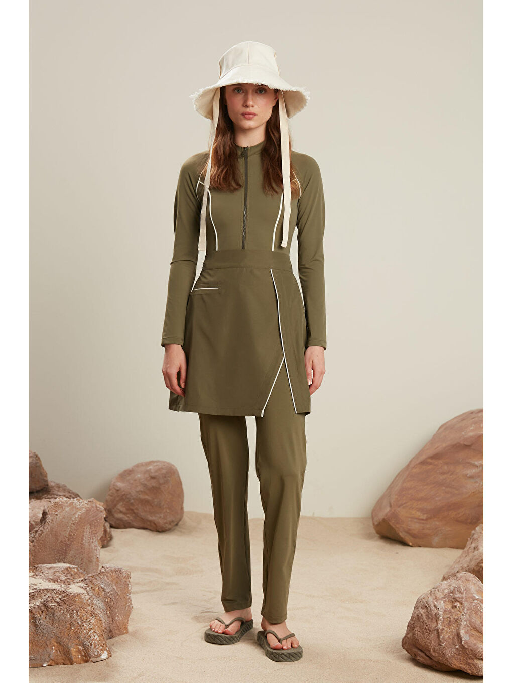 Tesettür Biyeli Mayo Etek Haki-1