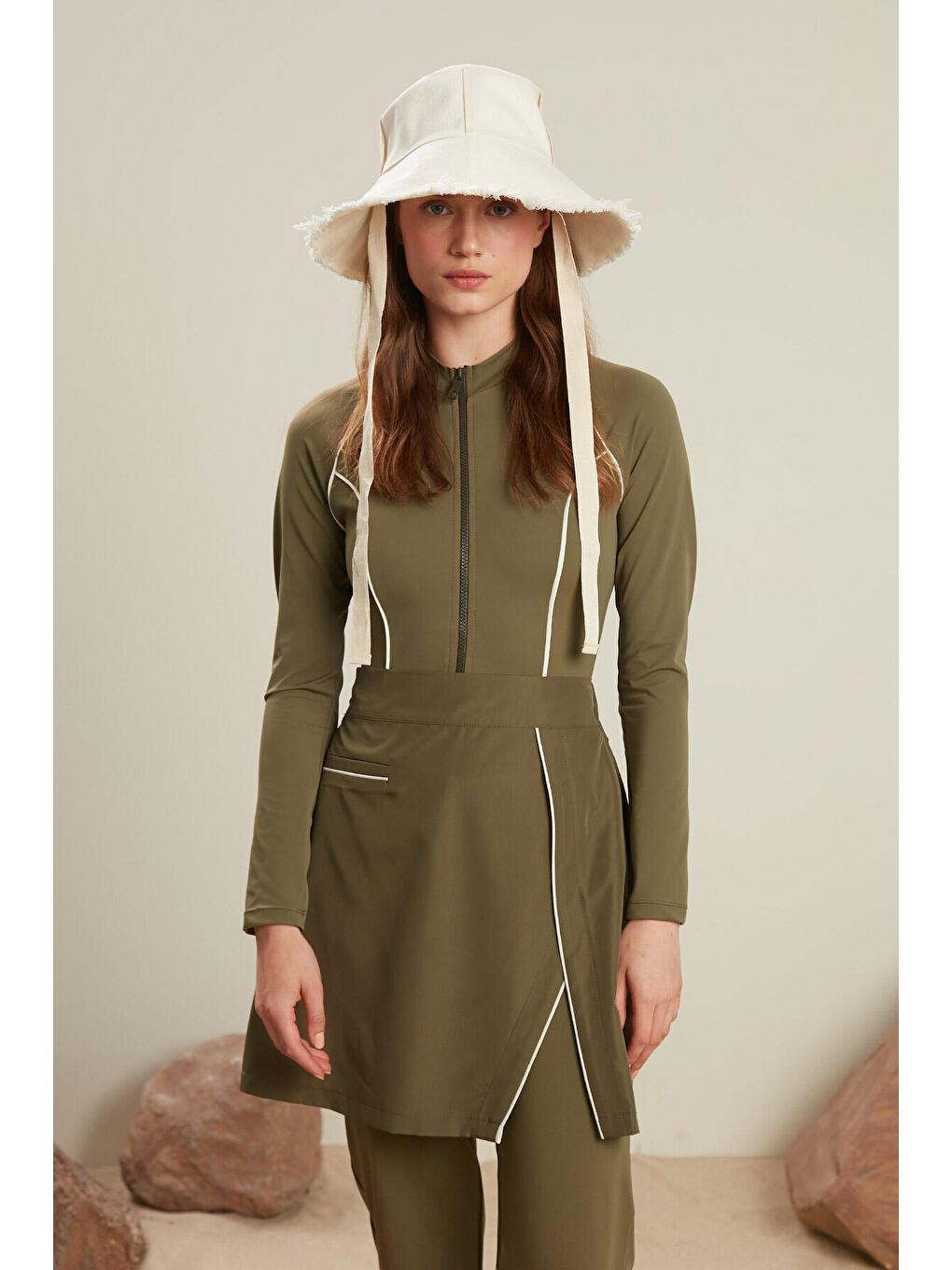 Tesettür Biyeli Mayo Etek Haki-2