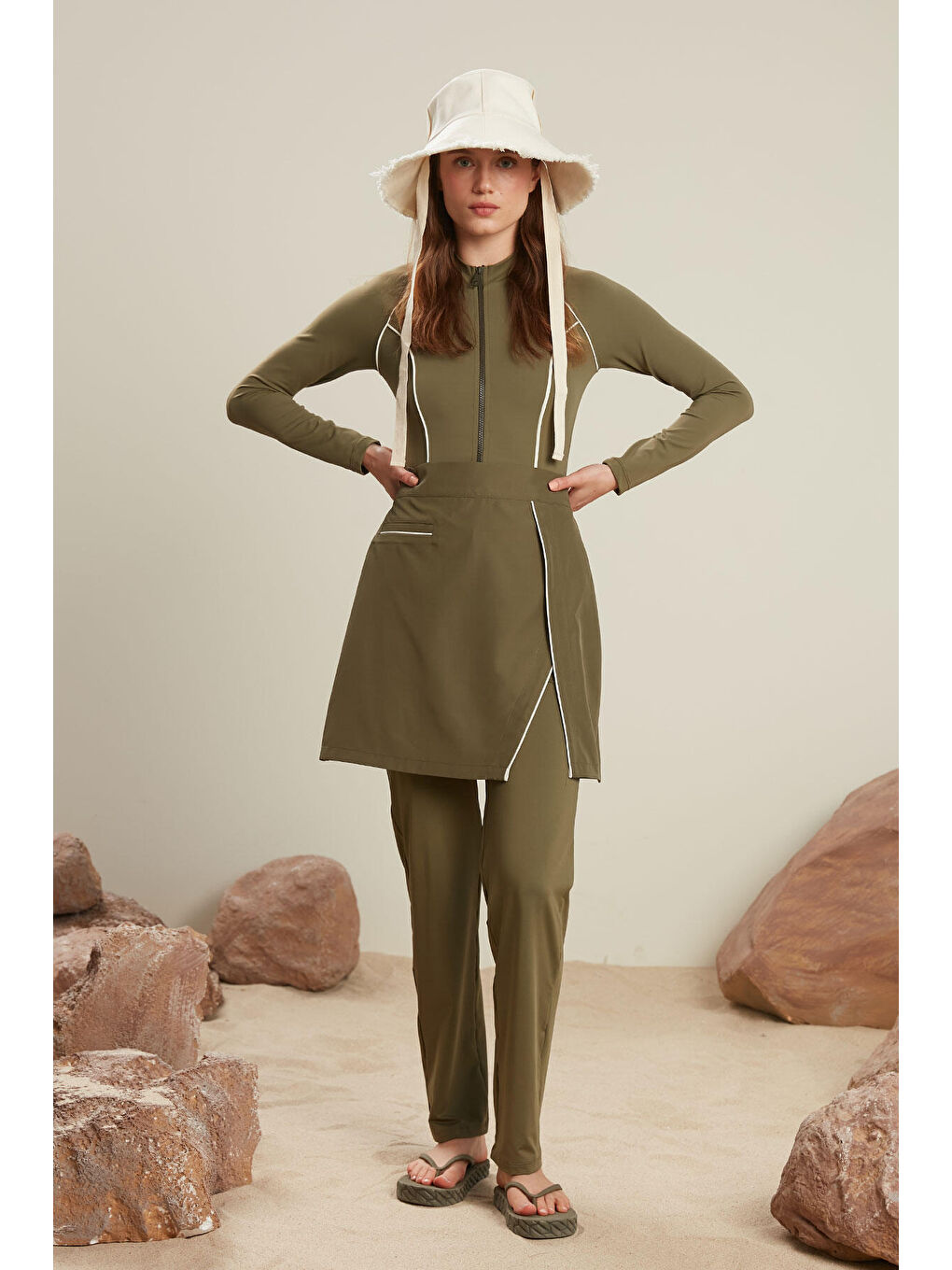 Tesettür Biyeli Mayo Etek Haki-3