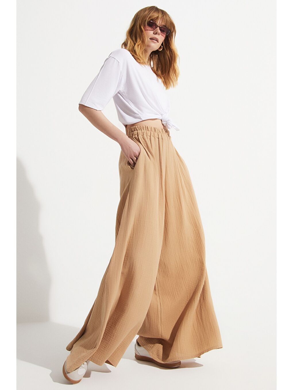 Bej Beli Lastikli Bol Pantolon