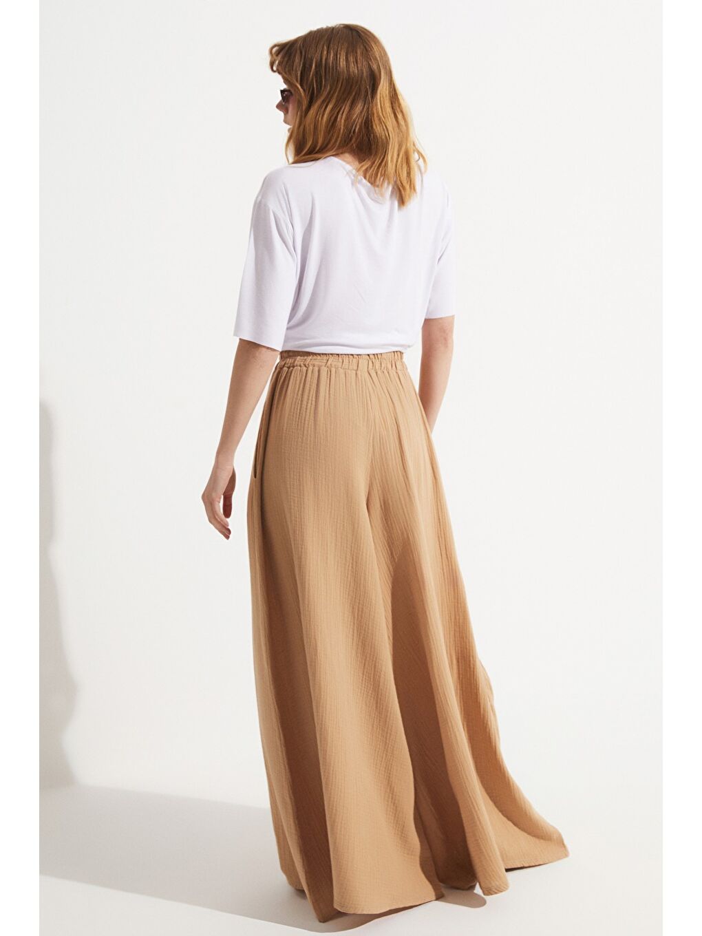 Bej Beli Lastikli Bol Pantolon-3