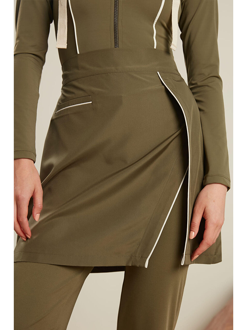 Tesettür Biyeli Mayo Etek Haki-6