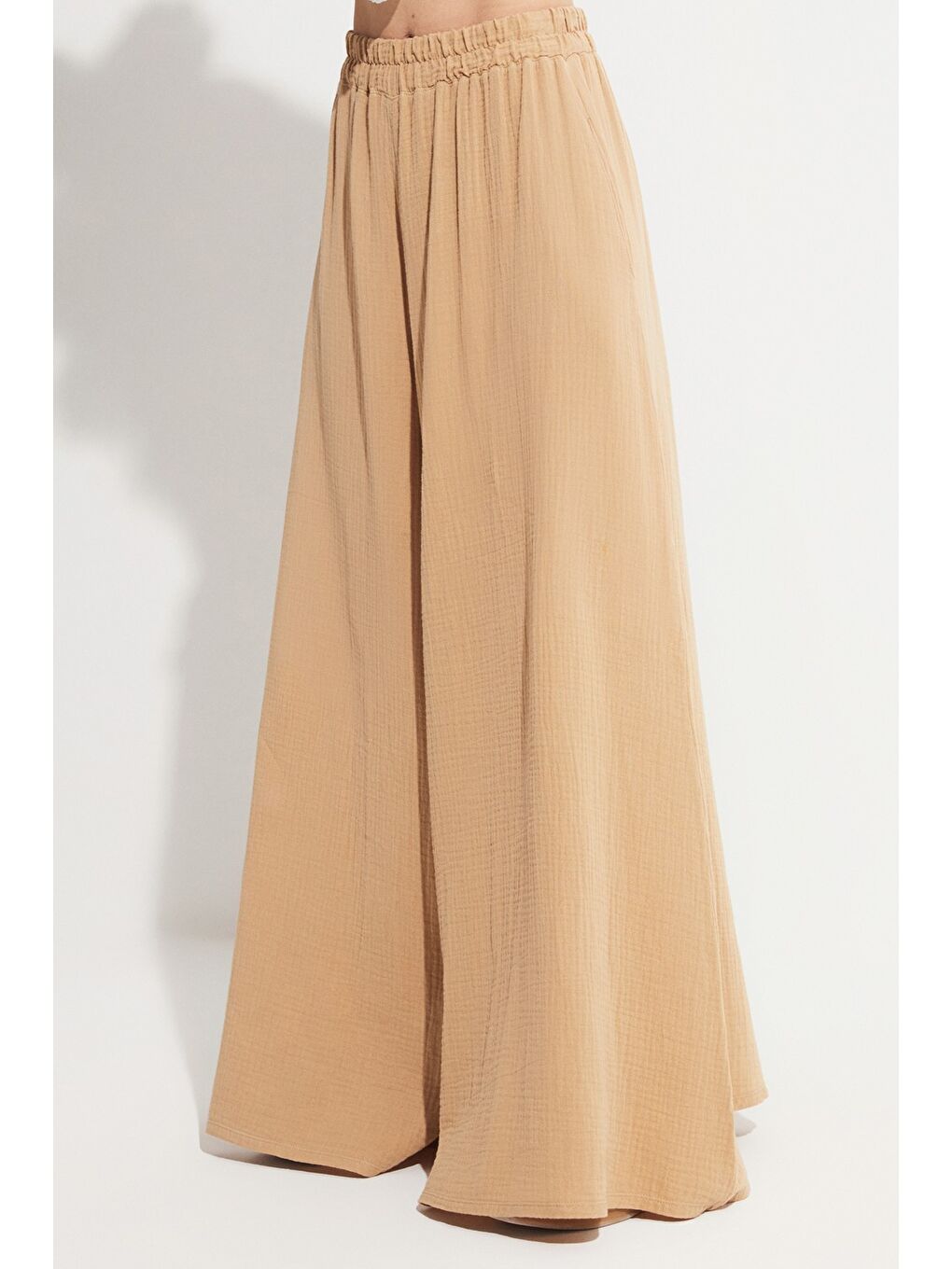 Bej Beli Lastikli Bol Pantolon-4