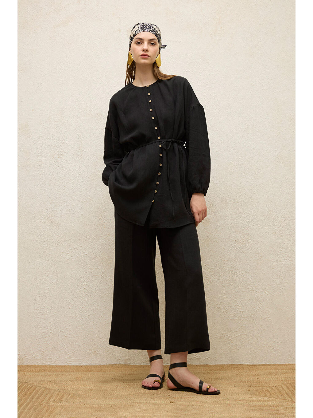Keten Balon Kol Gömlek Siyah-1