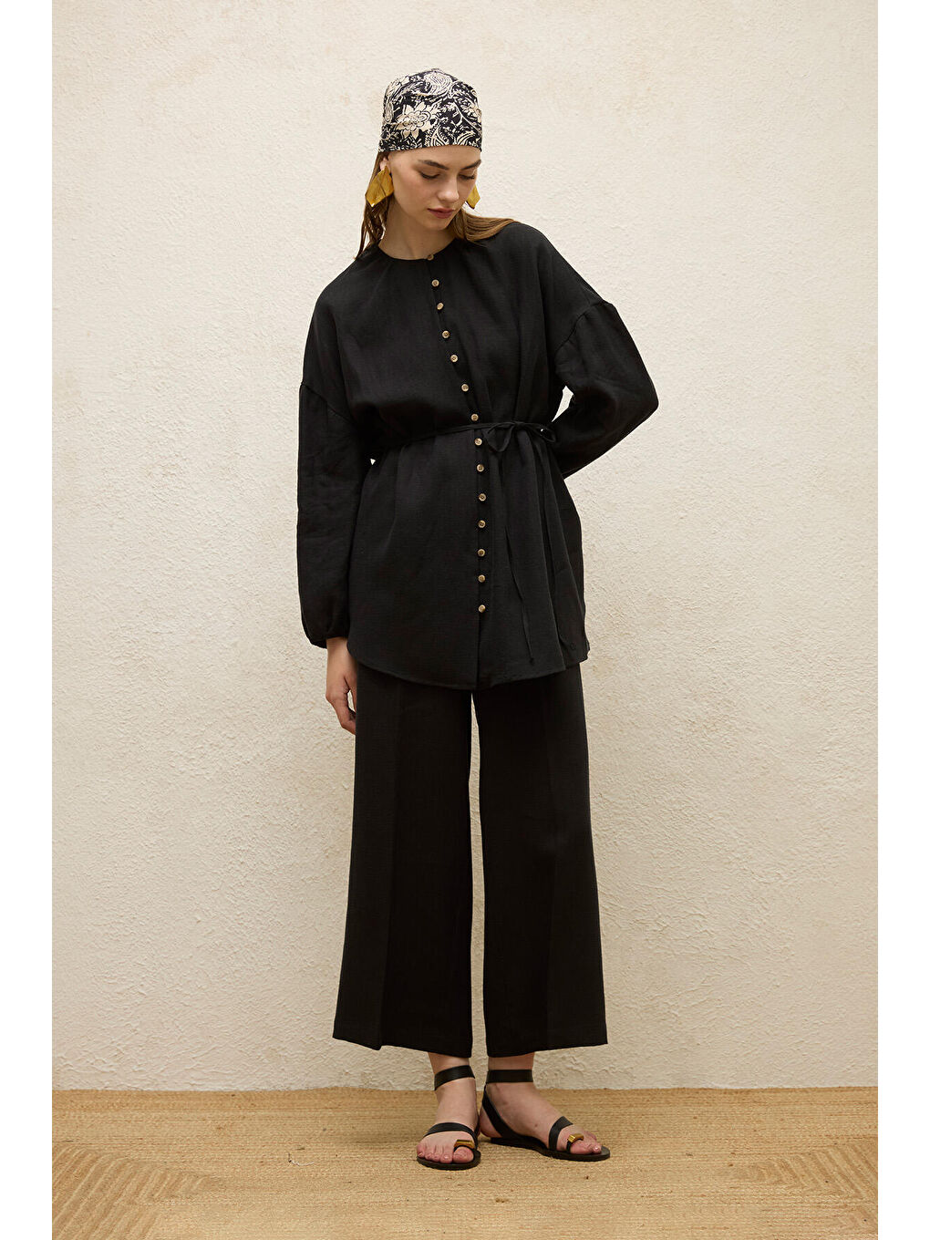 Keten Balon Kol Gömlek Siyah-2