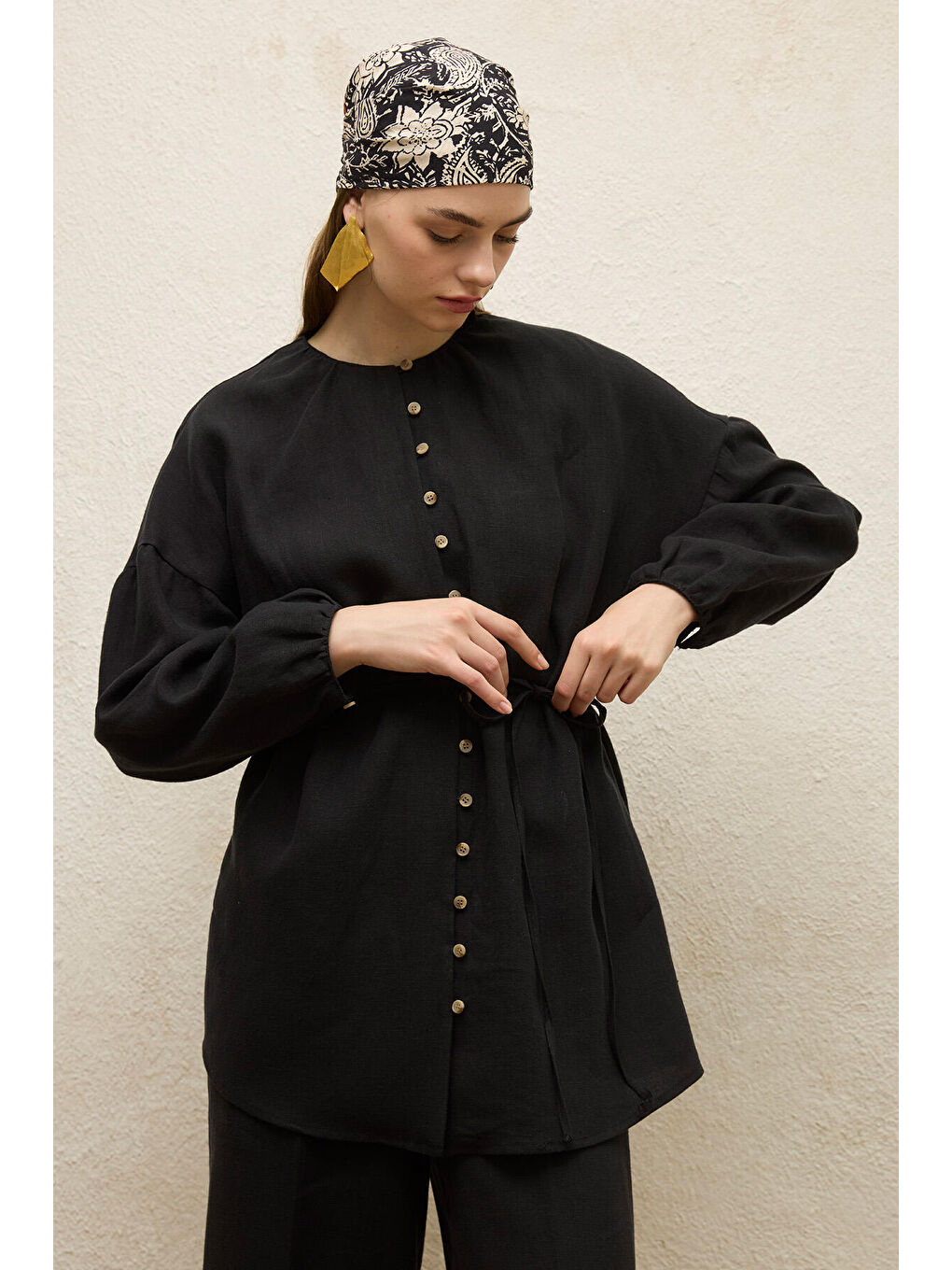 Keten Balon Kol Gömlek Siyah-3