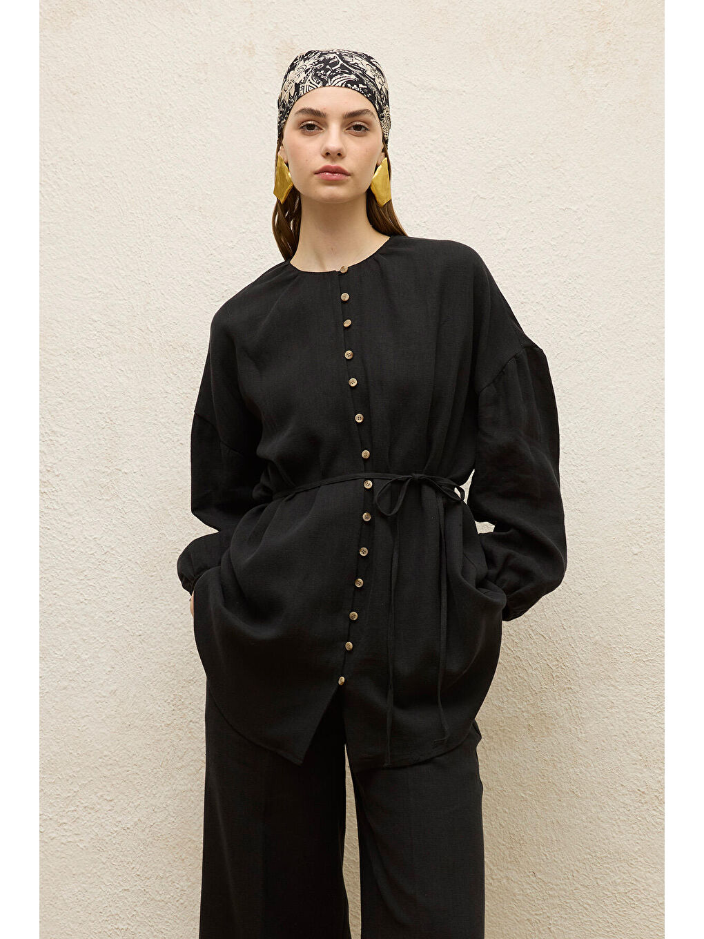 Keten Balon Kol Gömlek Siyah-4