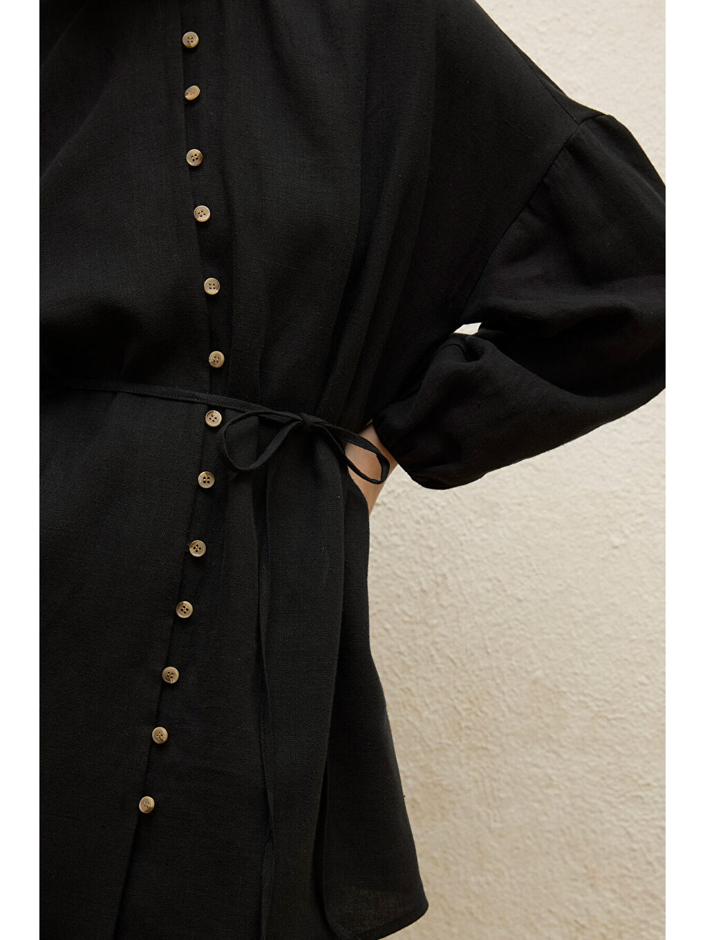 Keten Balon Kol Gömlek Siyah-5