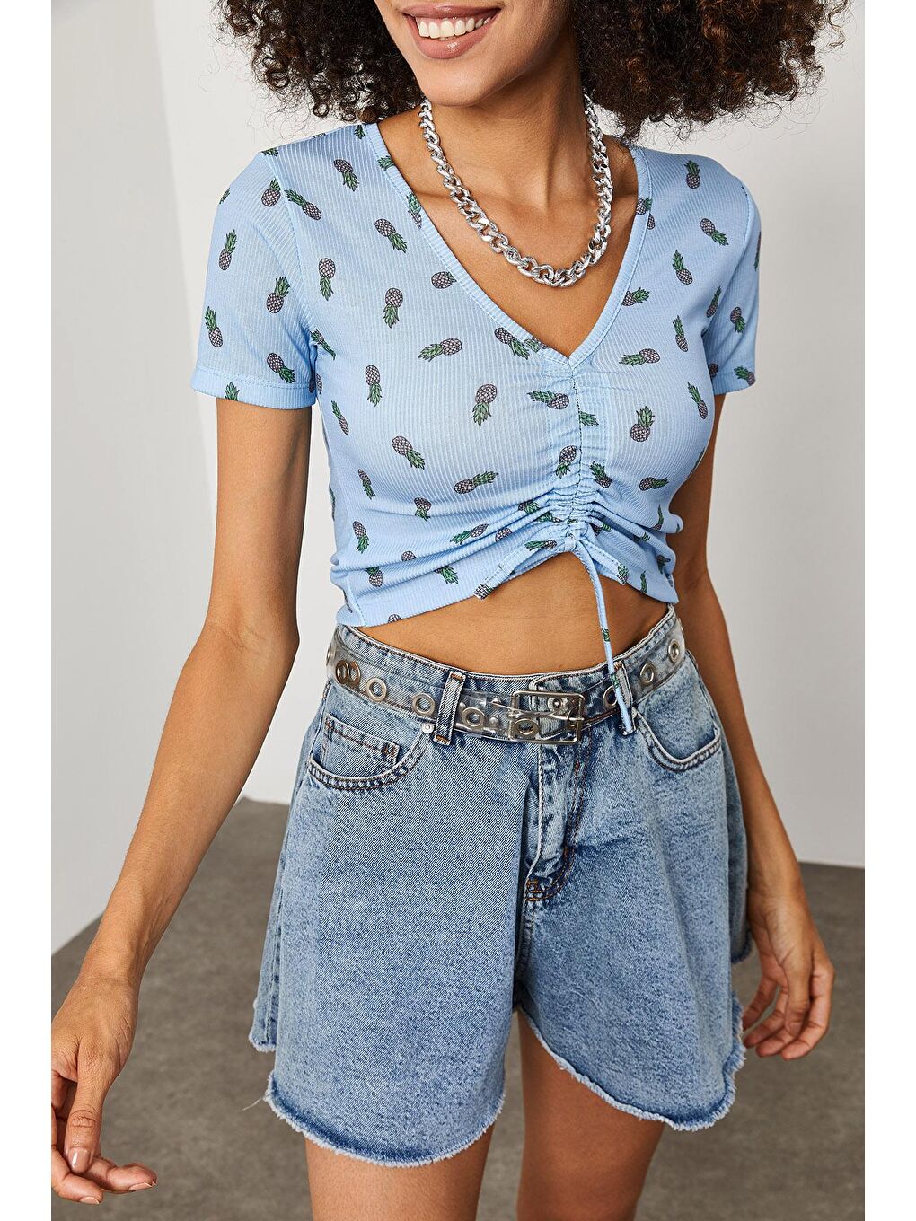 Mavi Ananas Desenli Büzgü Detaylı Crop 2KXK2-45700-12-1