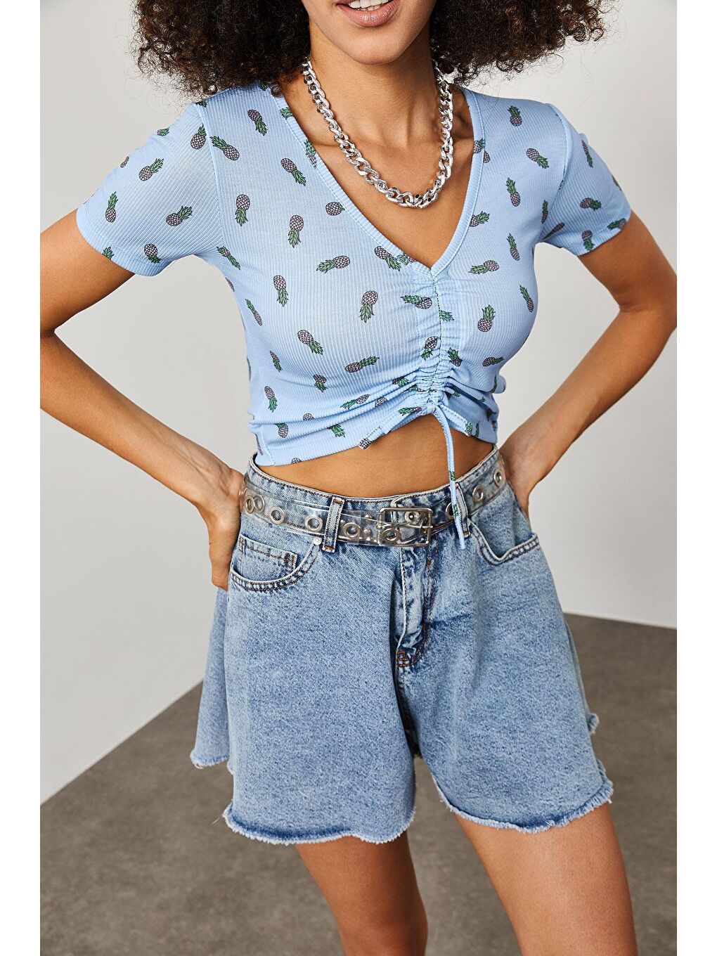 Mavi Ananas Desenli Büzgü Detaylı Crop 2KXK2-45700-12-3