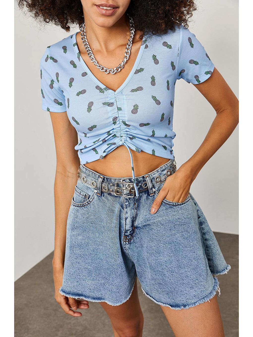 Mavi Ananas Desenli Büzgü Detaylı Crop 2KXK2-45700-12-4