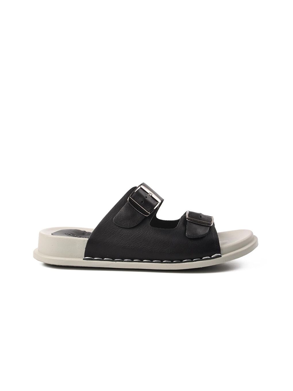 Siyah Hakiki Deri Çift Bantlı Kadın Terlik 9171