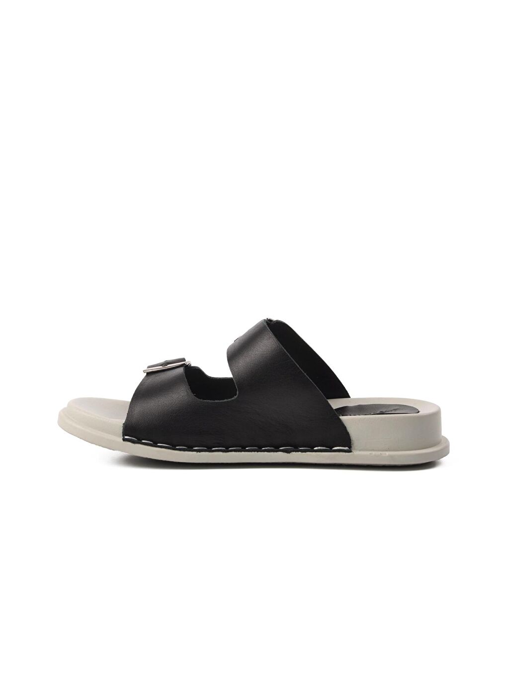 Siyah Hakiki Deri Çift Bantlı Kadın Terlik 9171-1