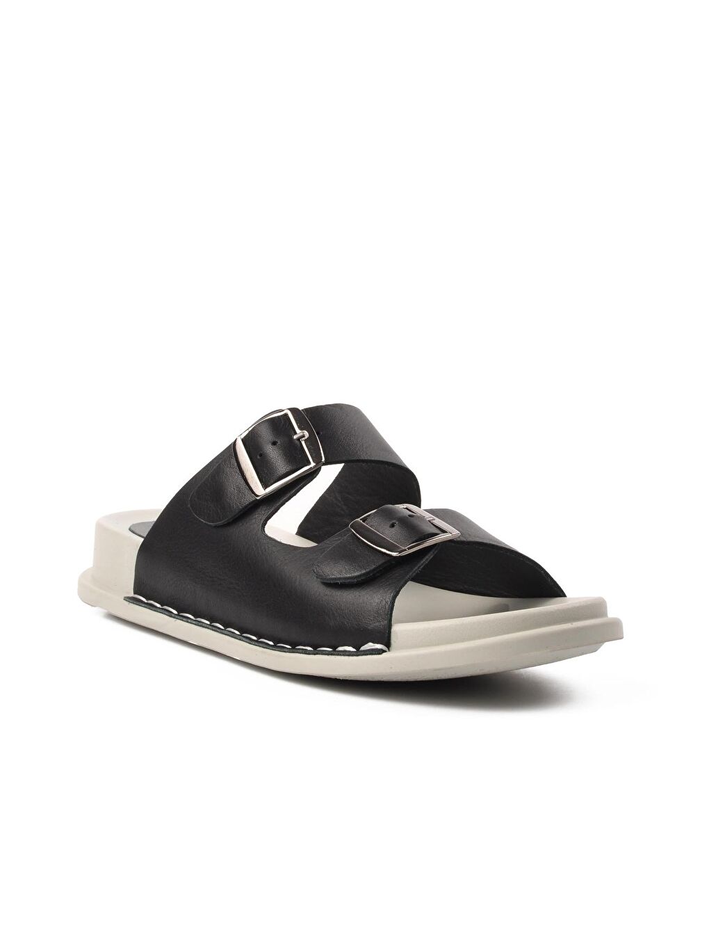 Siyah Hakiki Deri Çift Bantlı Kadın Terlik 9171-2