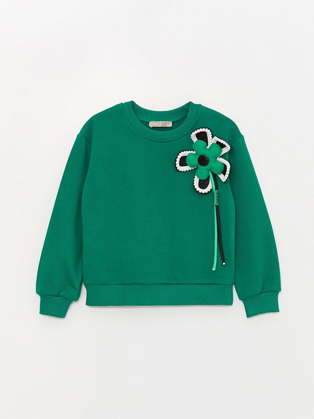 Yeşil Kız Çocuk Çiçek Broşlu Beli Lastikli SweatShirt