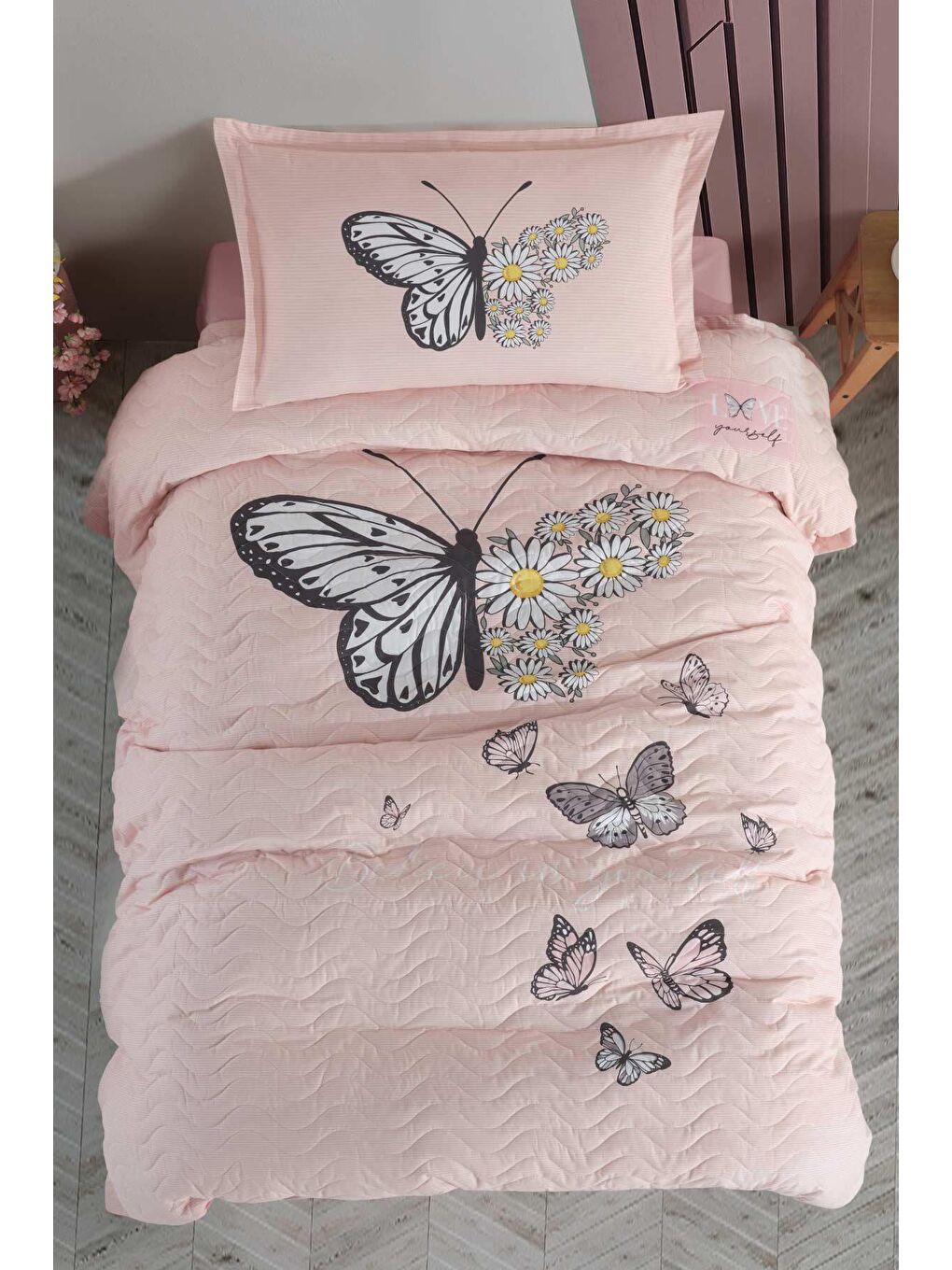 Pembe %100 Pamuk Tek Kişilik Dört Mevsim Set Daisy Love Somon