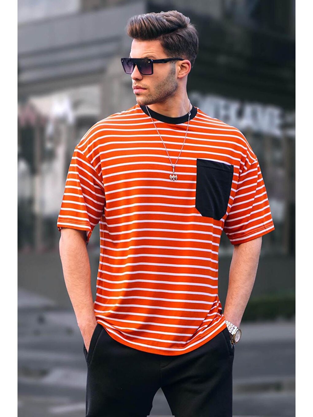 Erkek Turuncu Çizgili Basic Tişört 6084