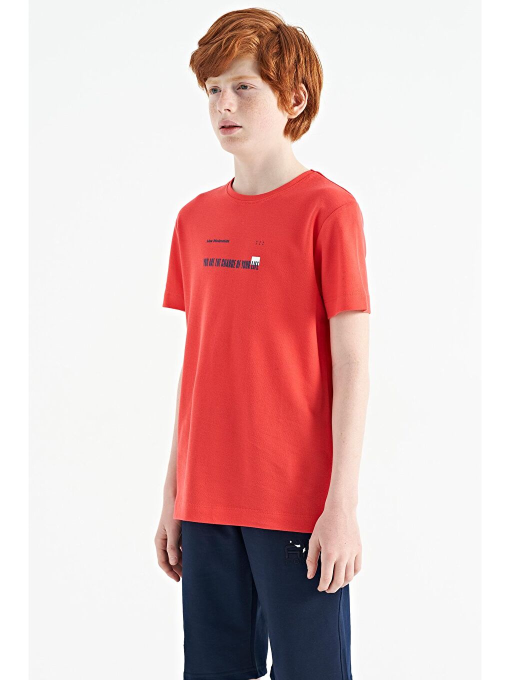 TOMMYLIFE Açık Kırmızı Coral Baskı Detaylı O Yaka Standart Kalıp Erkek  Çocuk T-Shirt - 11117 - 1