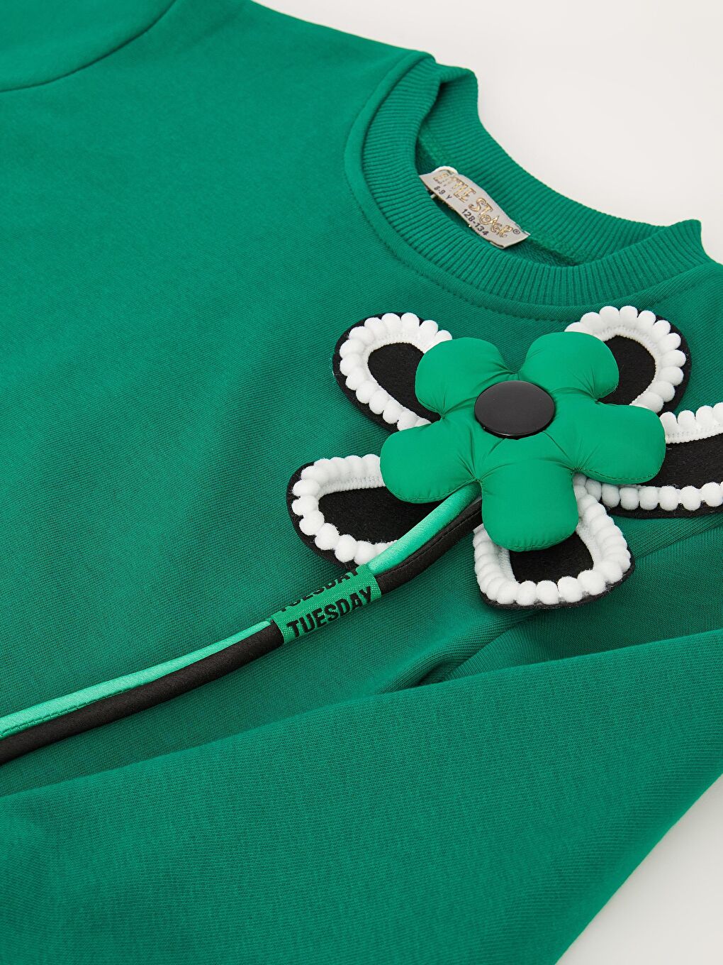 Yeşil Kız Çocuk Çiçek Broşlu Beli Lastikli SweatShirt-2