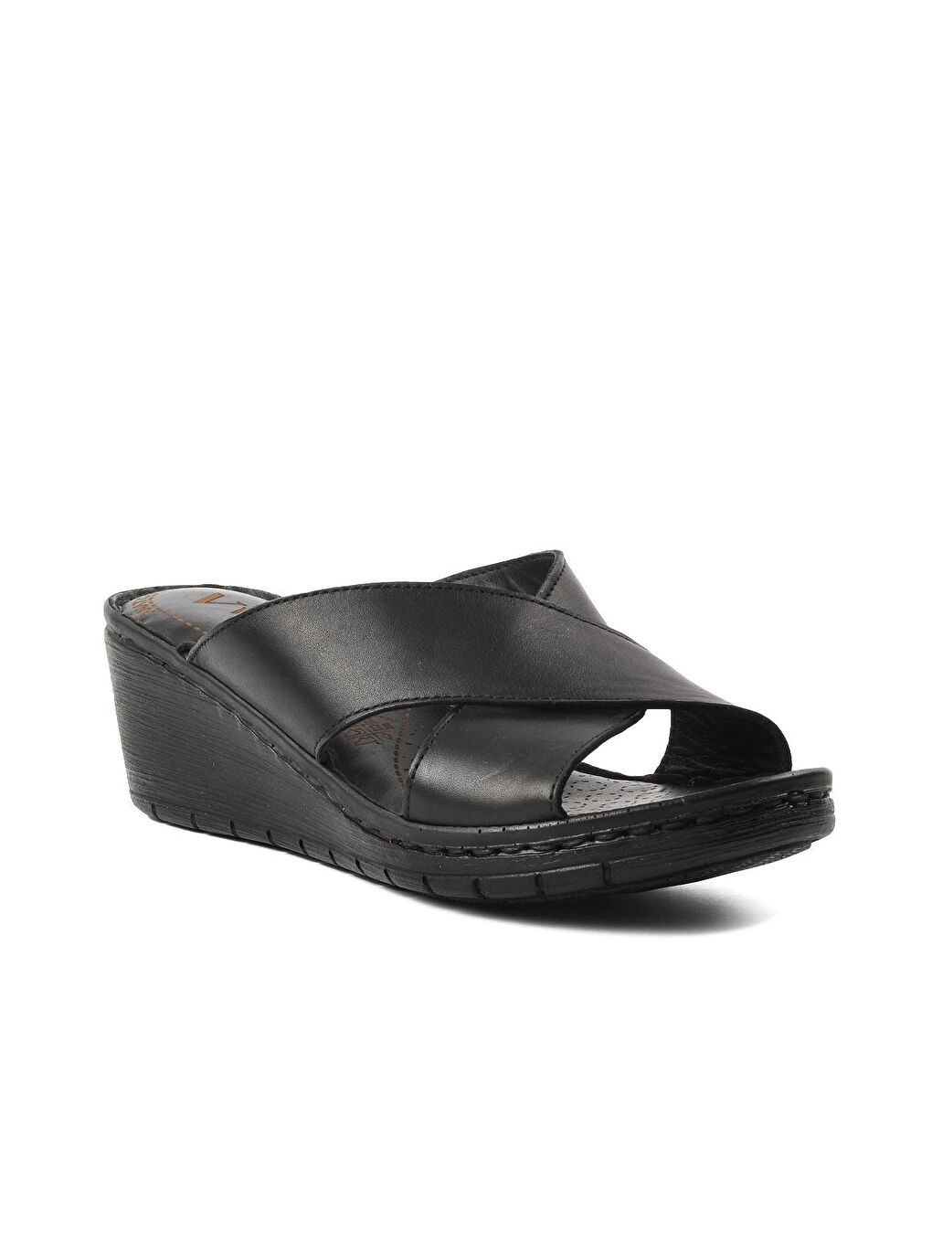 Siyah Hakiki Deri Dolgu Topuklu Kadın Terlik 9226-2