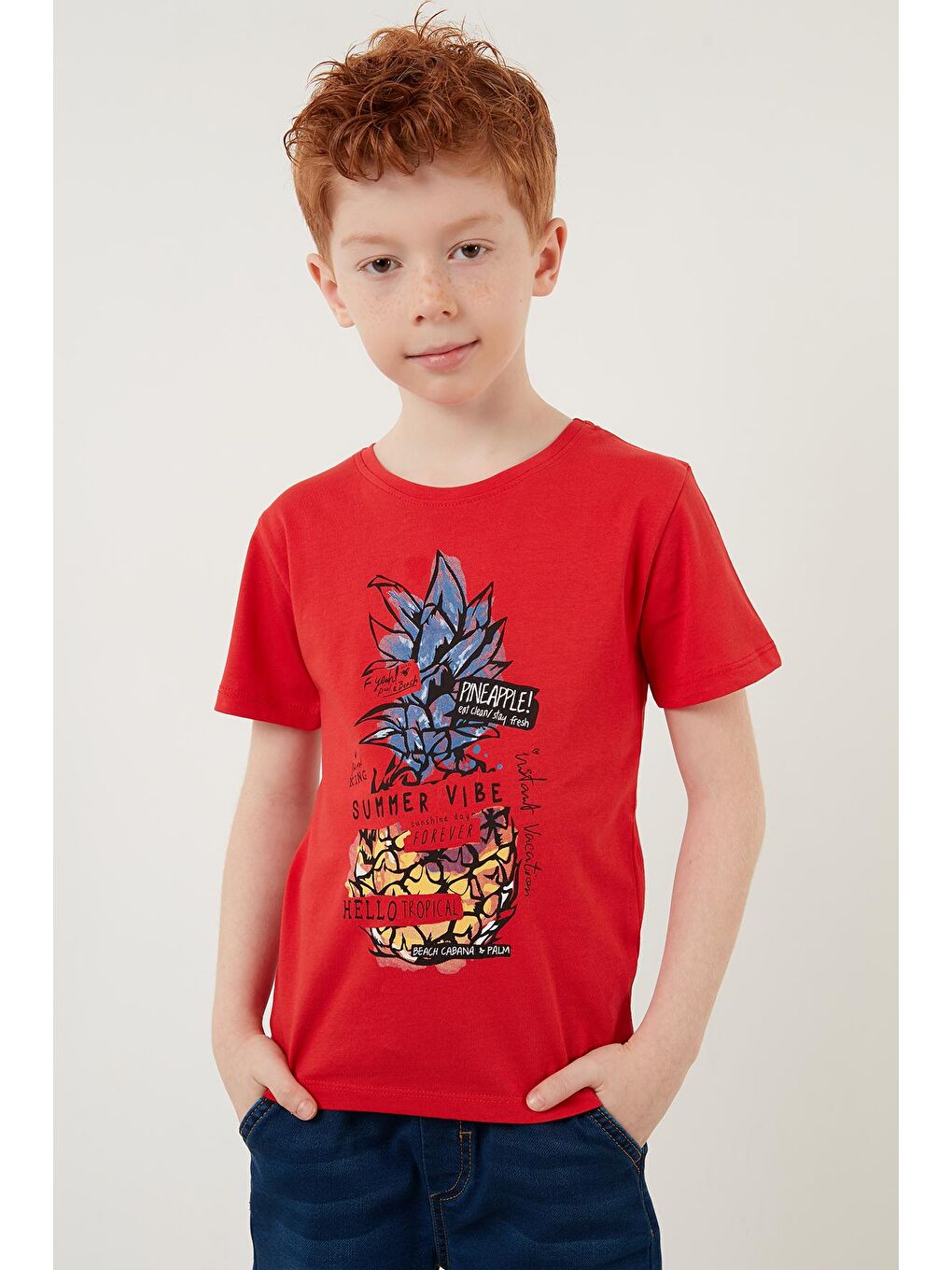 Kırmızı Baskılı Bisiklet Yaka % 100 Pamuk T Shirt 59280200-2