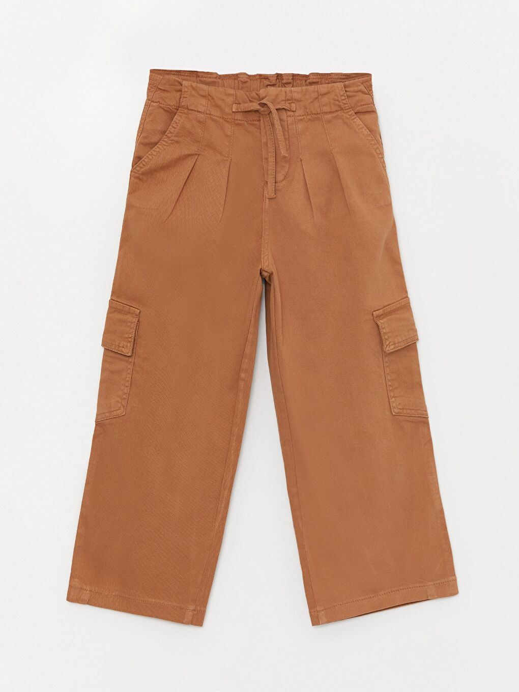 Kahverengi Kız Çocuk Pileli Kargo Cepli Jean Denim Pantolon