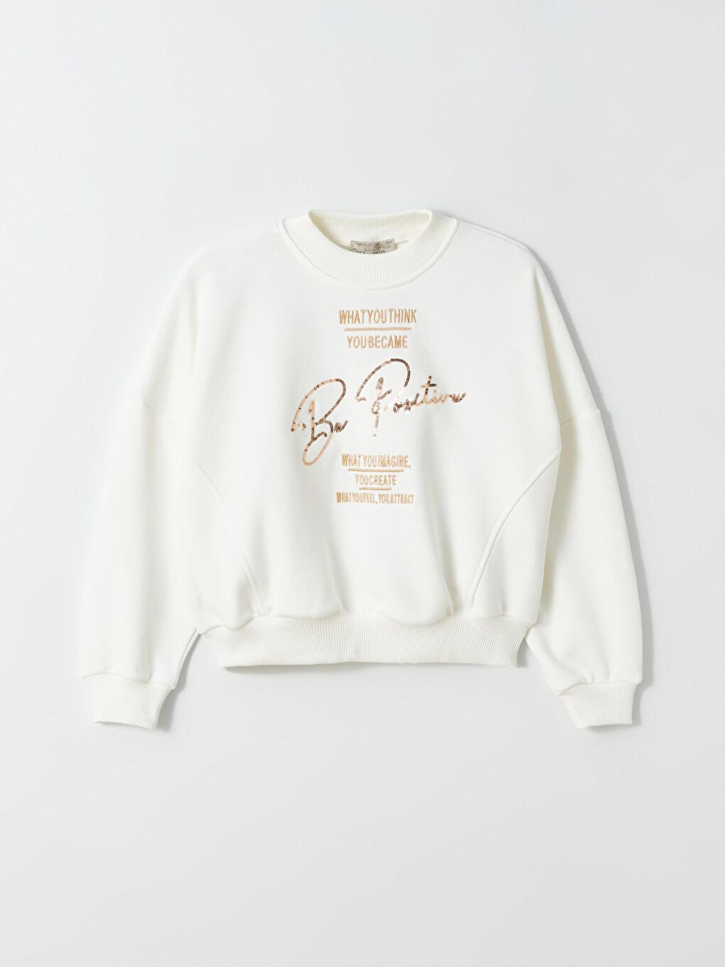 Ekru Kız Çocuk Beli Lastikli Baskılı Be Positive SweatShirt