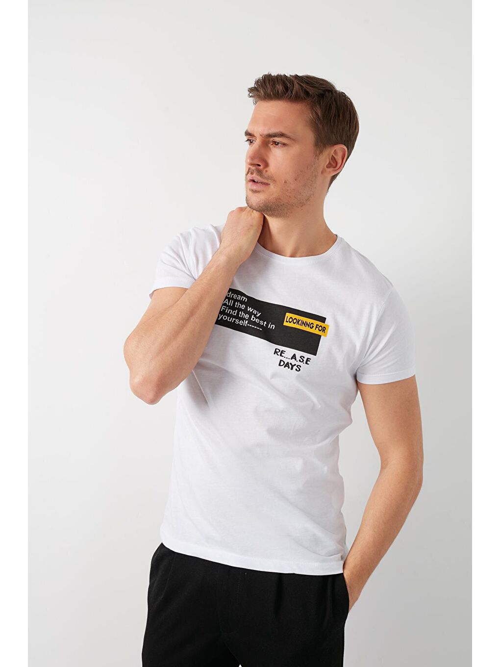 Beyaz Baskılı Bisiklet Yaka % 100 Pamuk T Shirt 541LOOKINGFOR-1