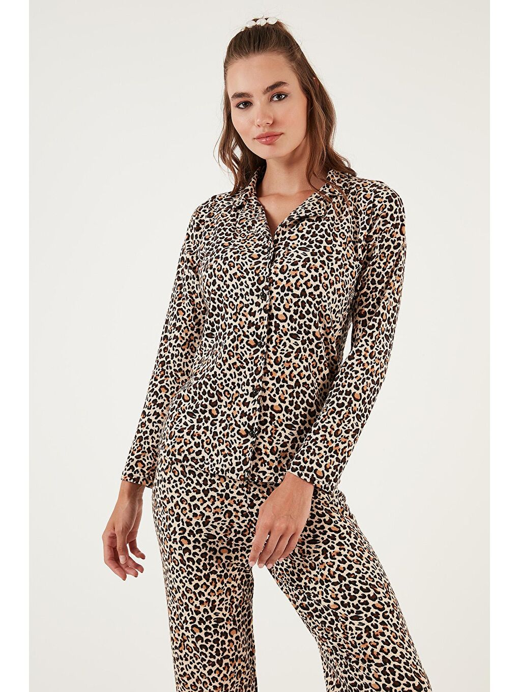 Kahverengi Desenli Beli Lastikli Gömlek Yaka Dokuma Pijama Takımı 6095660-2