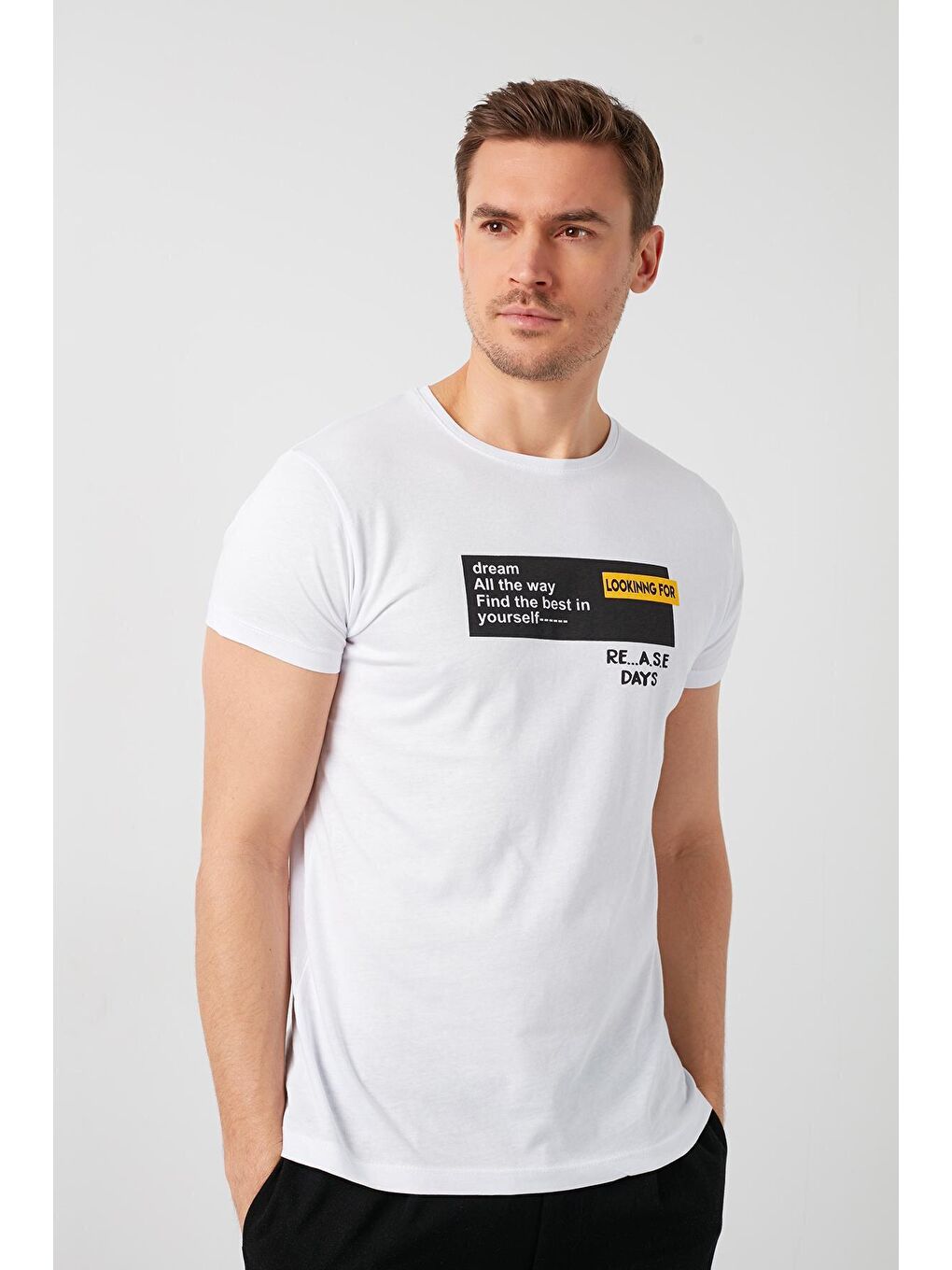 Beyaz Baskılı Bisiklet Yaka % 100 Pamuk T Shirt 541LOOKINGFOR-2