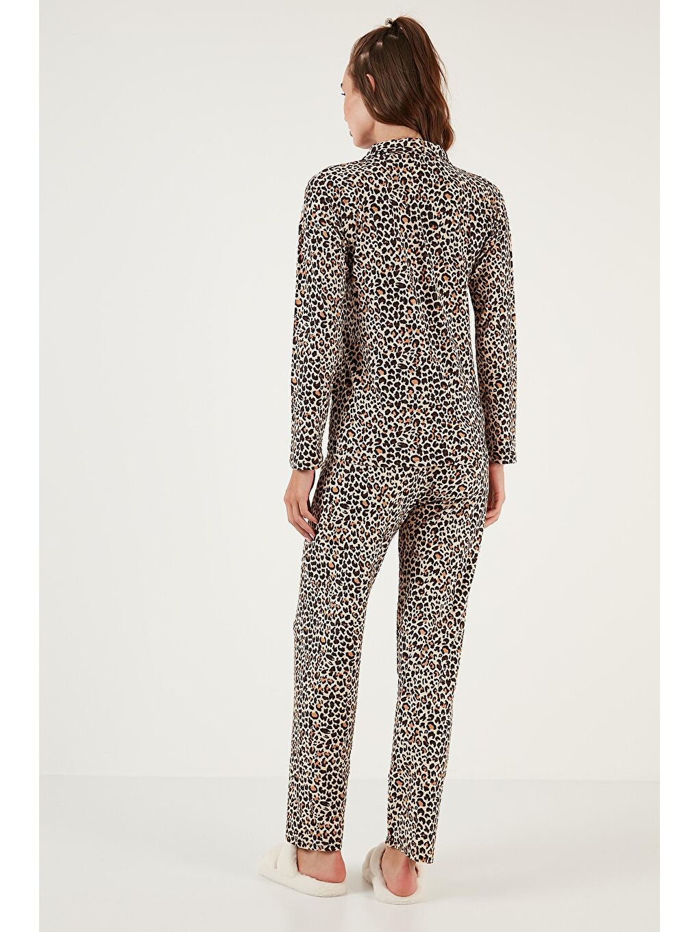 Kahverengi Desenli Beli Lastikli Gömlek Yaka Dokuma Pijama Takımı 6095660-4