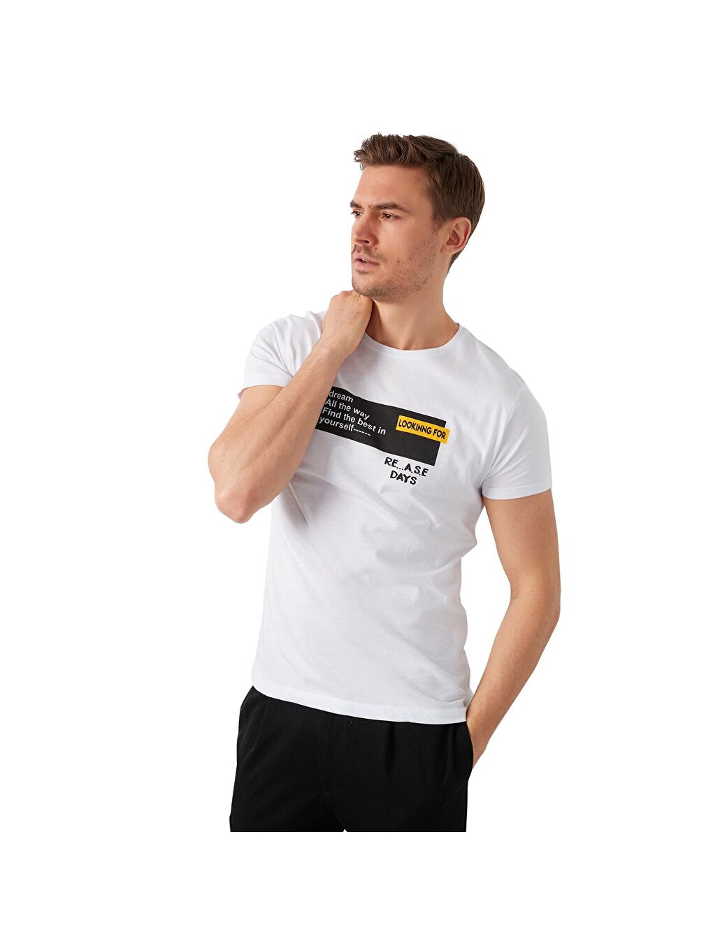 Beyaz Baskılı Bisiklet Yaka % 100 Pamuk T Shirt 541LOOKINGFOR-4