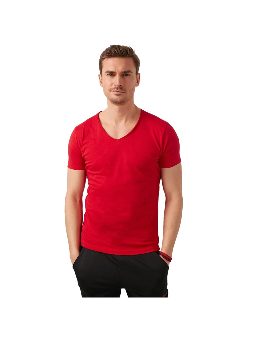 Kırmızı % 100 Pamuk Slim Fit V Yaka Basic Erkek Tişört 5412001-4