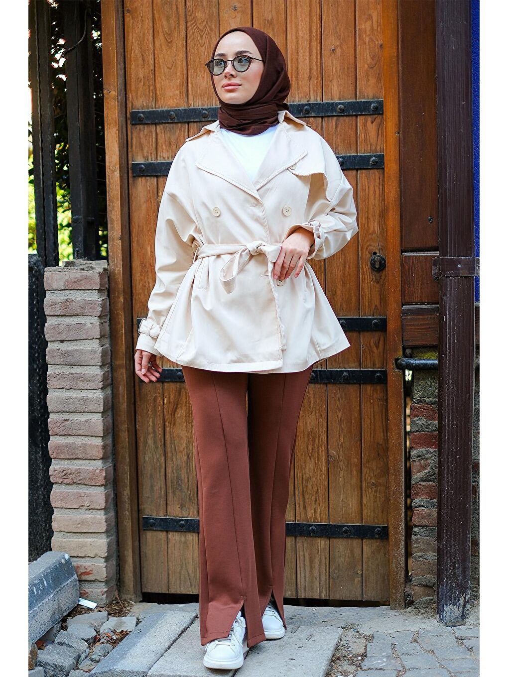 Ekru Kol Kemerli Kruvaze Yaka Trençkot Krem-1