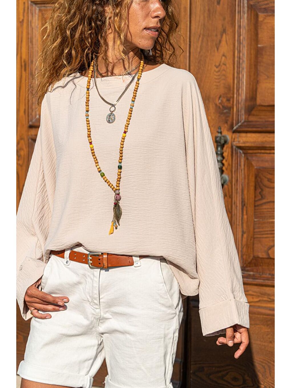 Bej Kadın Siyah Airobin Duble Kol Salaş Bluz GK-BST2943