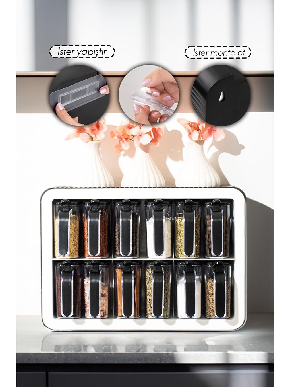 0440 Standlı 12 li Kendinden Yapışkanlı Kaşıklı Kapaklı Baharatlık Takımı - Siyah Beyaz-2