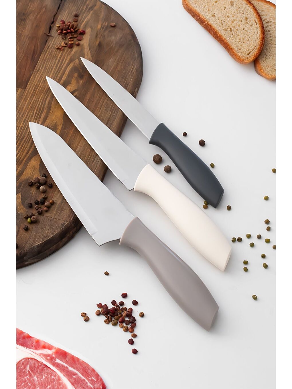 Gri 3156 - 3'lü Bıçak Seti Meyve, Et Doğrama Bıçağı Şef Bıçakları Kaliteli Sağlam Bıçaklar 28 x 27.5 x 2-1