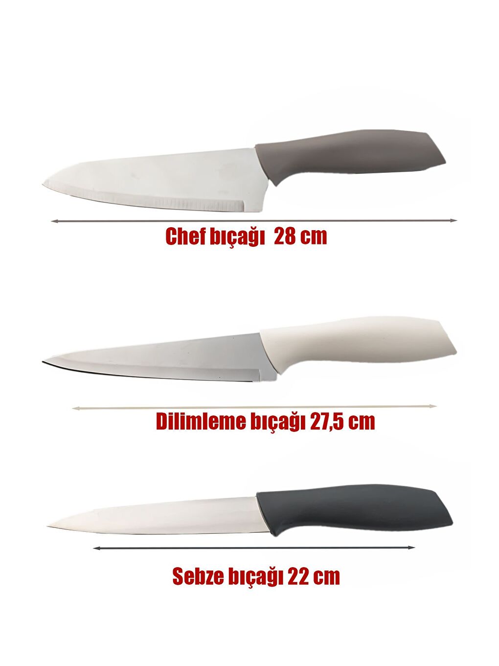 Gri 3156 - 3'lü Bıçak Seti Meyve, Et Doğrama Bıçağı Şef Bıçakları Kaliteli Sağlam Bıçaklar 28 x 27.5 x 2-3