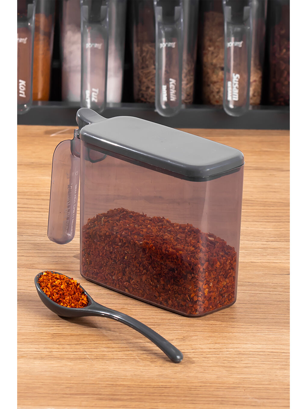 Antrasit 6 lı Standlı Kendinden Yapışkanlı Kapaklı Kaşıklı Baharatlık Takımı -Baharatlık-4