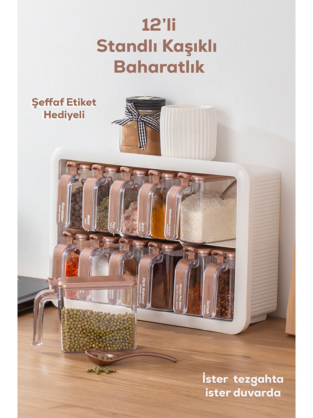 Beyaz 1119 12li Standlı Etiketli Kendinden Yapışkanlı Kaşıklı Kapaklı Baharatlık Saklama Kabı Seti