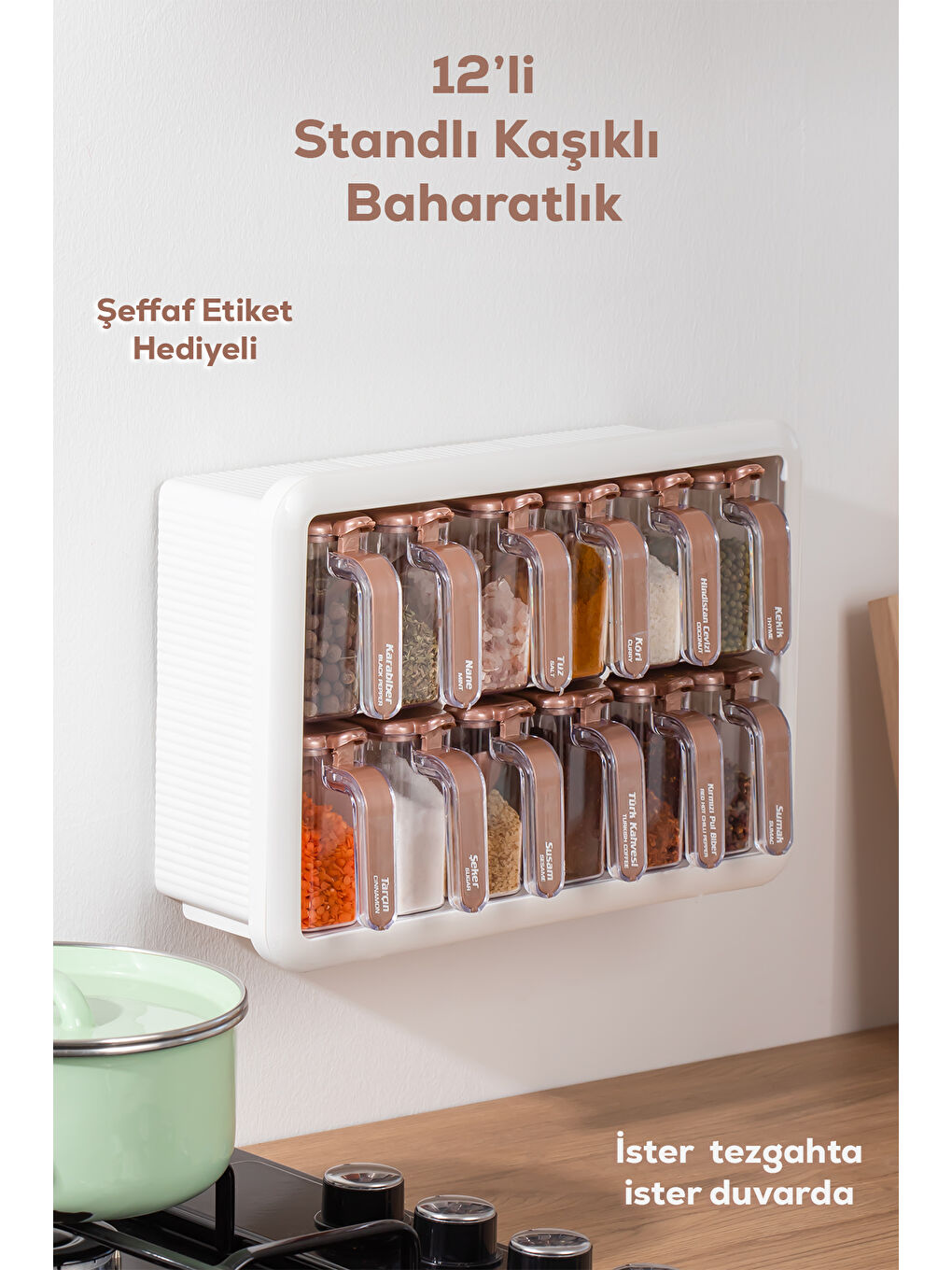 Beyaz 1119 12li Standlı Etiketli Kendinden Yapışkanlı Kaşıklı Kapaklı Baharatlık Saklama Kabı Seti-2