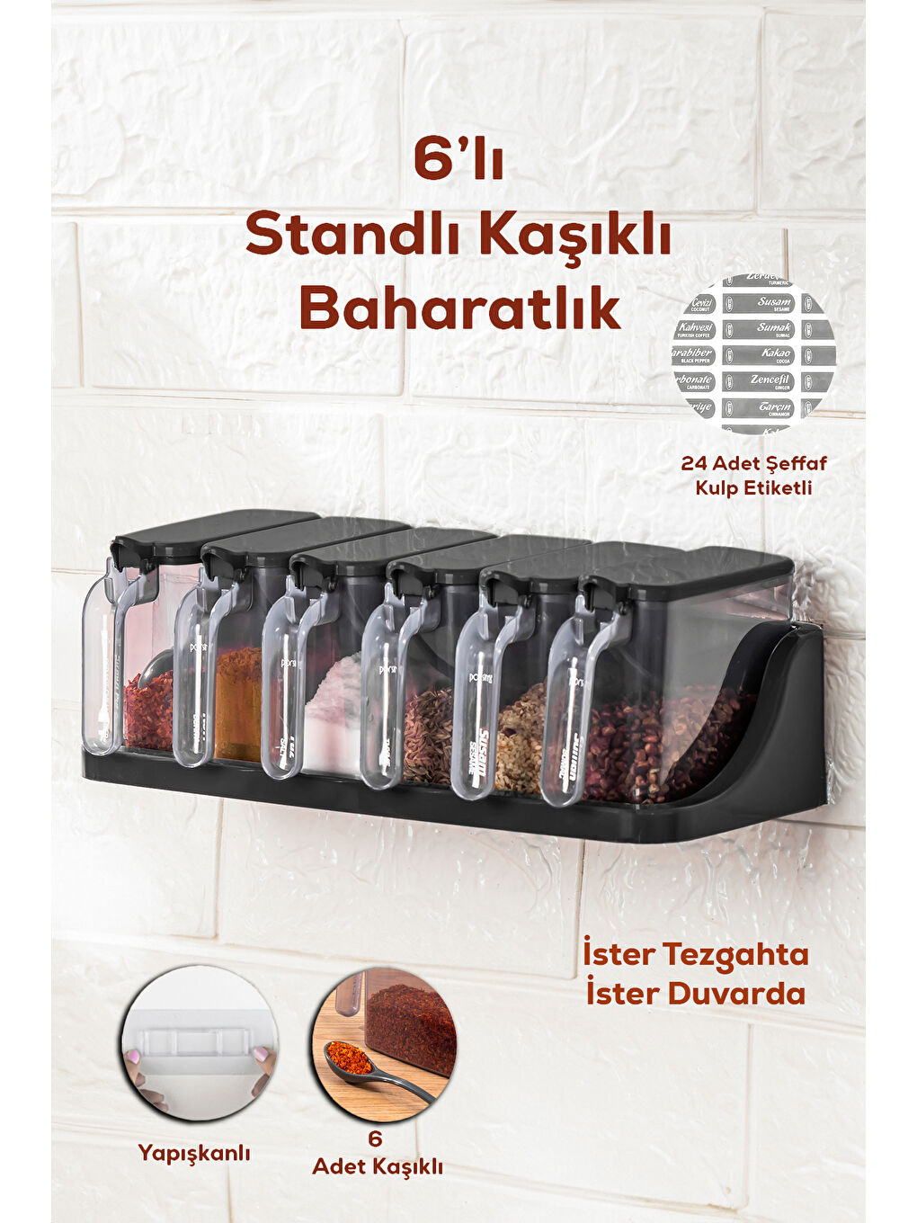 Siyah 1183 6 Lı Standlı Etiketli Kendinden Yapışkanlı Kapaklı Kaşıklı Baharatlık Takımı -baharatlık