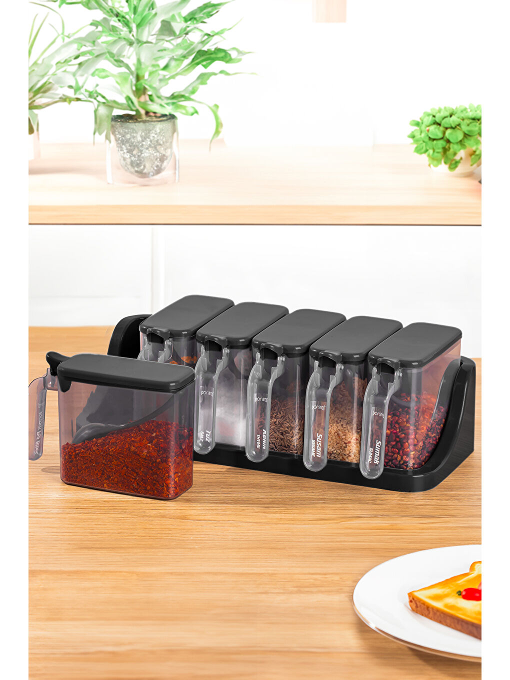 Siyah 1183 6 Lı Standlı Etiketli Kendinden Yapışkanlı Kapaklı Kaşıklı Baharatlık Takımı -baharatlık-1