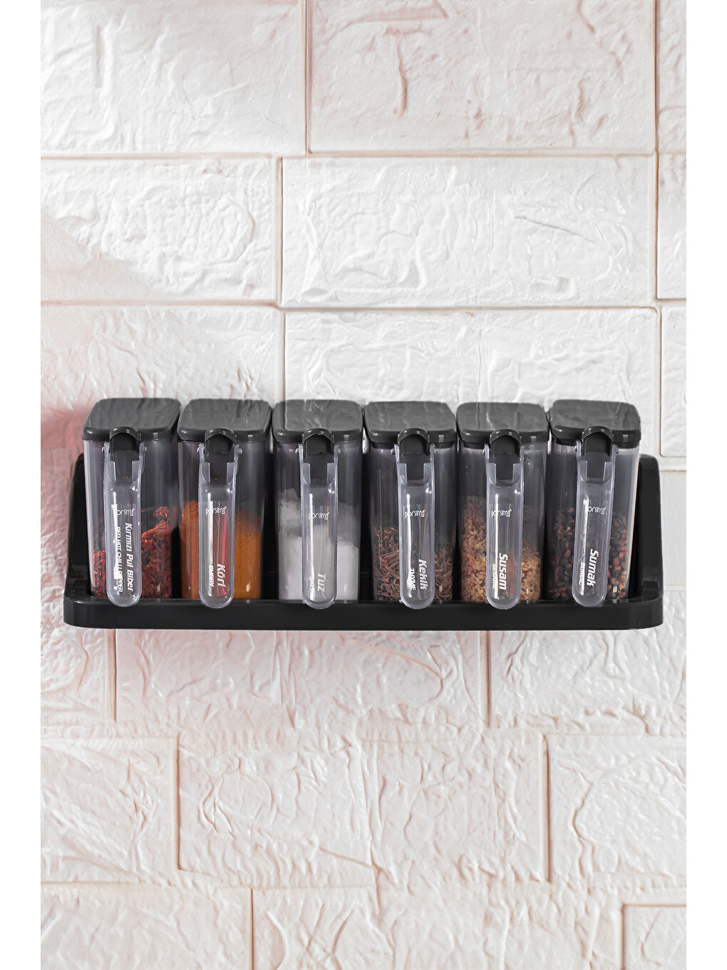 Siyah 1183 6 Lı Standlı Etiketli Kendinden Yapışkanlı Kapaklı Kaşıklı Baharatlık Takımı -baharatlık-2