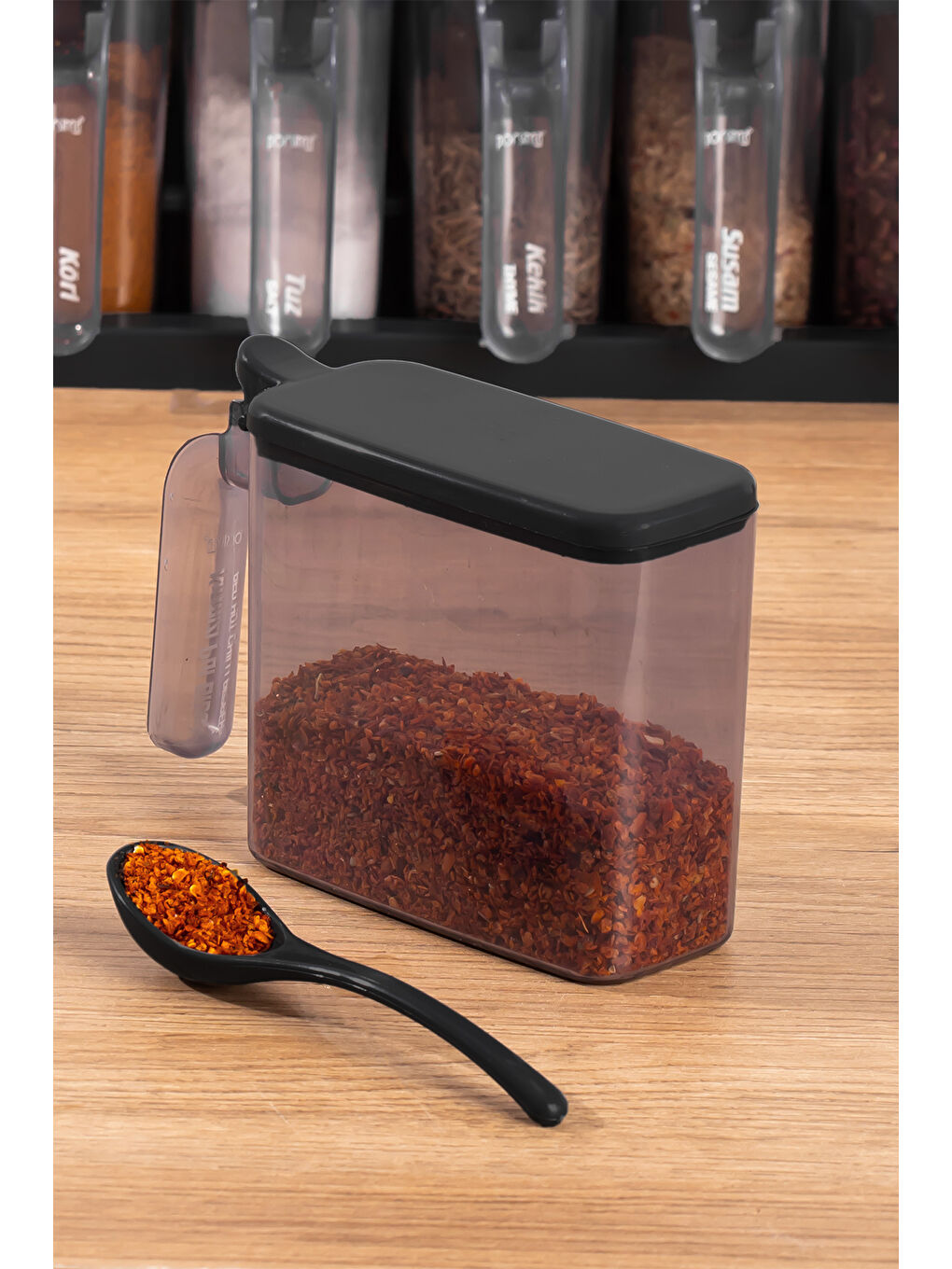 Siyah 1183 6 Lı Standlı Etiketli Kendinden Yapışkanlı Kapaklı Kaşıklı Baharatlık Takımı -baharatlık-3