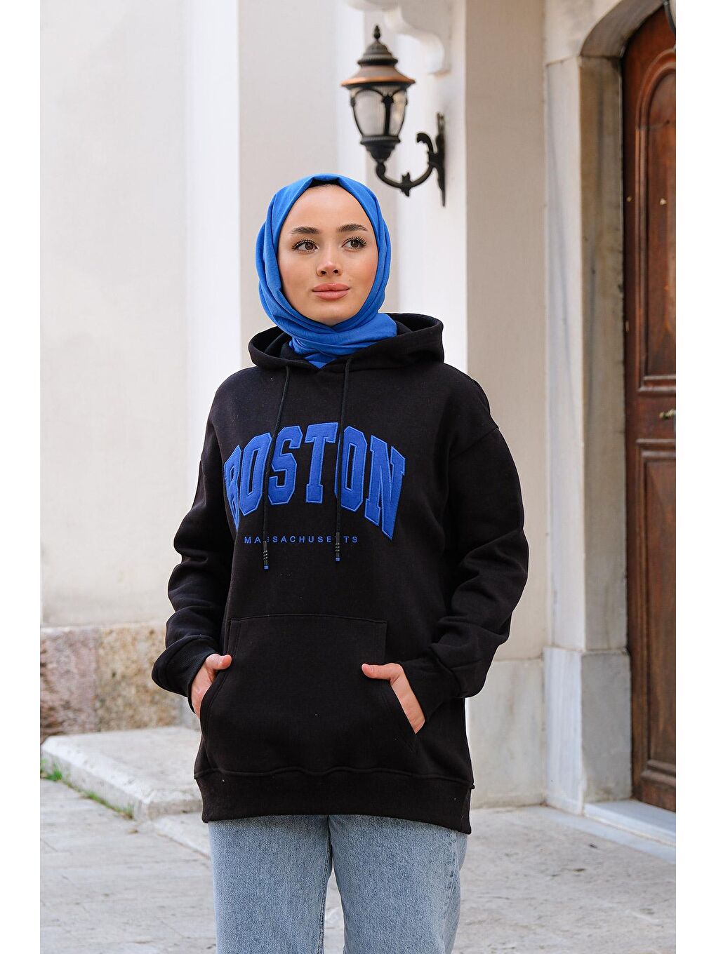 Kadın Kanguru Cep Kapüşonlu Sweat Siyah-2