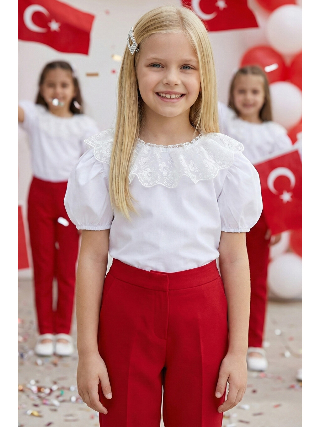 Kız Çocuk Ekru Bisiklet Yaka Dantelli Kısa Kol 23 Nisan Gösteri Kıyafeti Abiye Bluz Gömlek-1
