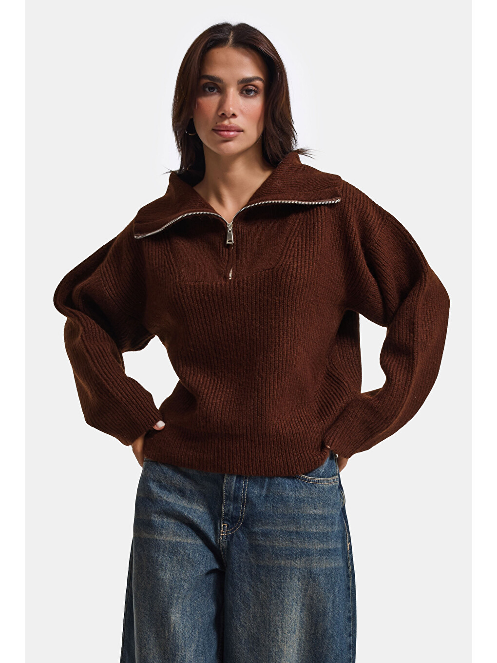 Kahverengi Kadın Kahve W6-81 Oversize Fermuarlı Triko Kazak-5